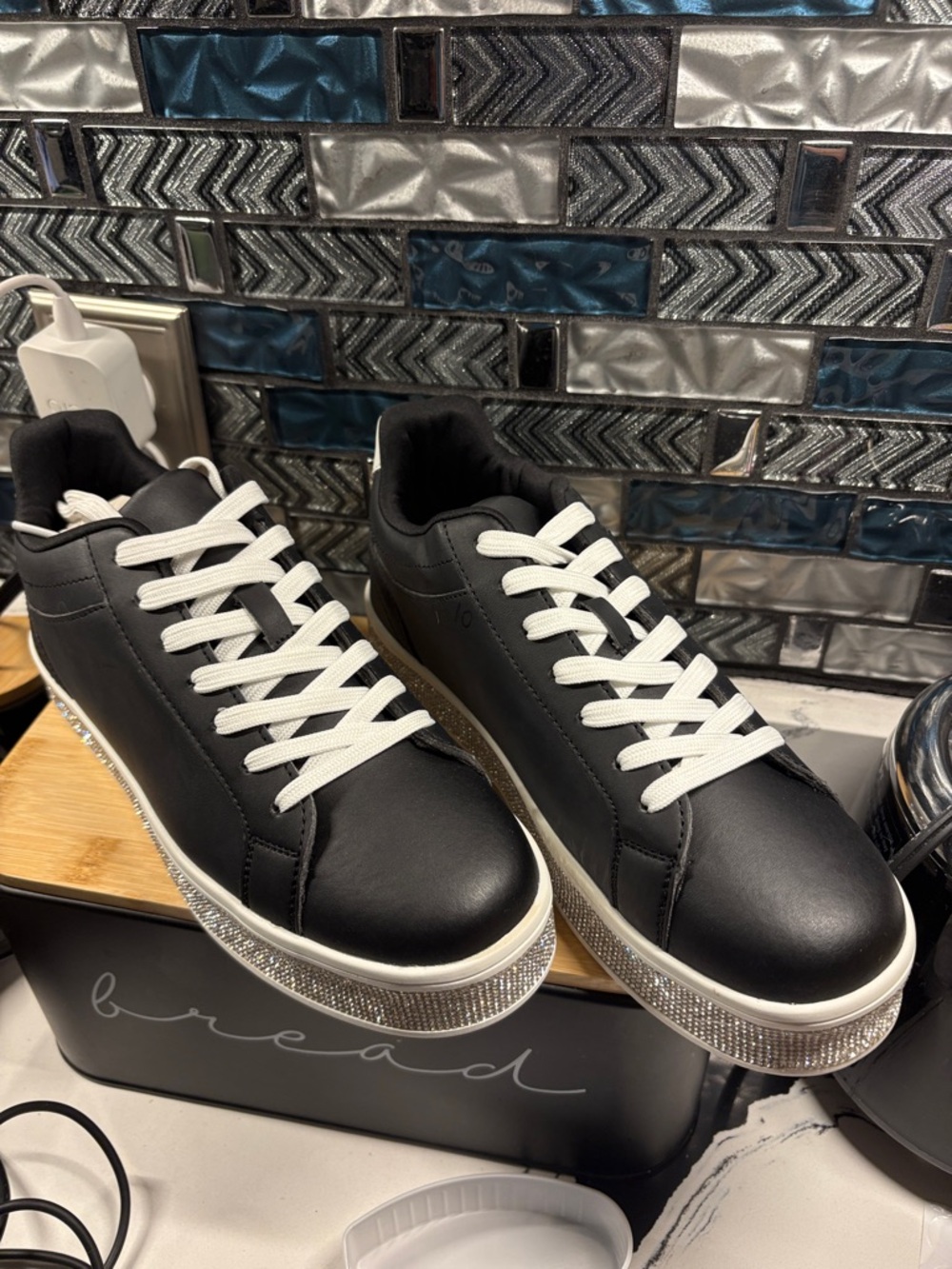 Black Rhinestone Platform Low-Top Sneakers with White Laces